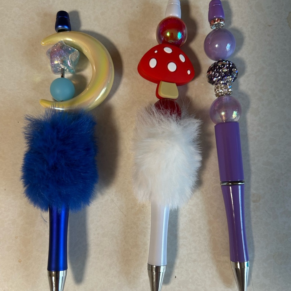 Whimsical Fluffy Pens Set - Blue, White, Purple